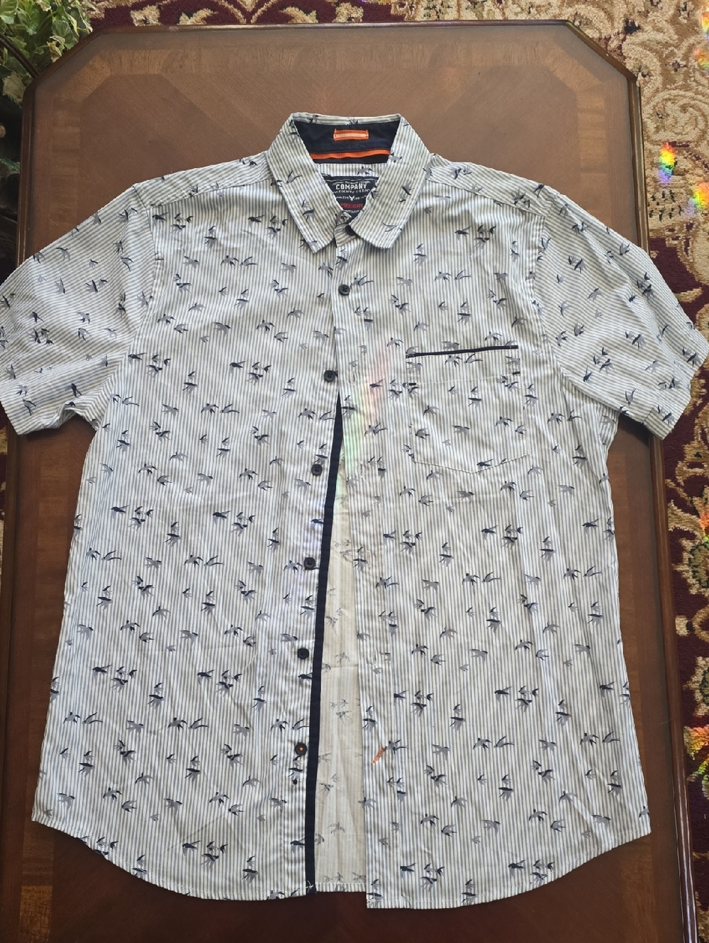 Company Eighty One Striped Short-Sleeve Button-Up with Bird Print - White/Navy